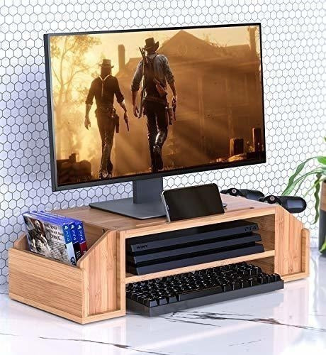 Y Soporte Para Monitor De Bambu Con 2 Niveles Y Organizador 1