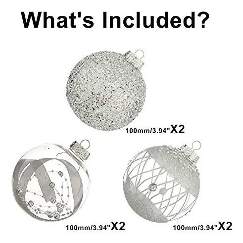 6 Silver Christmas Ball Ornaments Xmasexp - 3 Designs 10cm 1