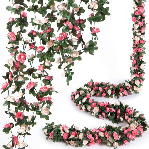 PONKING 8 Artificial Garland 20m Roses Green Leaves Flower Deco 0