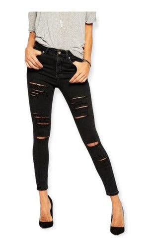 Black Ripped Knee High-Waisted Stretch Jeans 0
