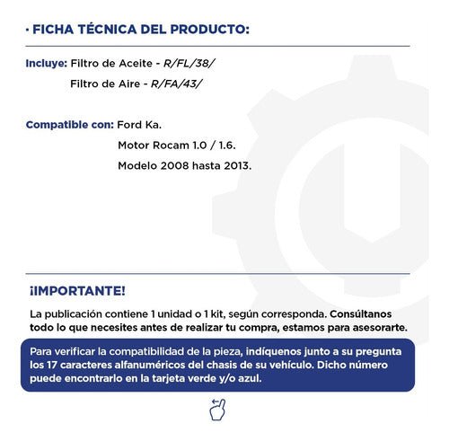 Kit Oil + Air Filters Ford Ka Rocam 1.0 1.6 08/13 1