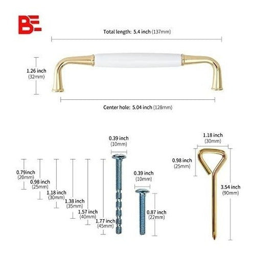 Be 10 Pack Arched Ceramic Zinc Alloy Cabinet Handle, White Ceramic And Polished Brass Finish 1