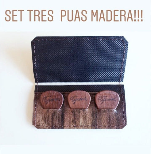 Set of 3 Wooden Tijuana Guitar Picks with Eco Leather Case 0