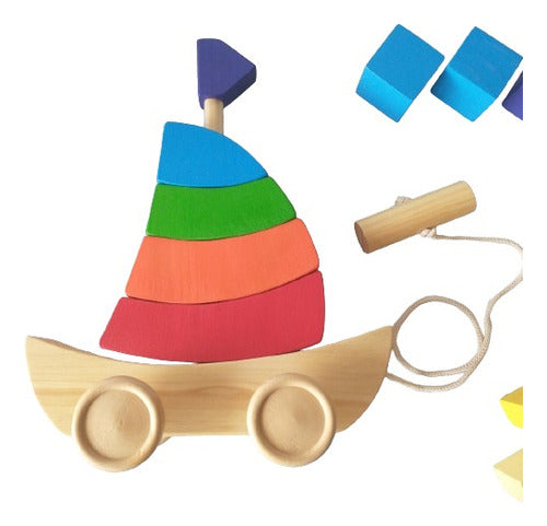 Stackable Wooden Pull Along and Shape Sorting Montessori Boat 0