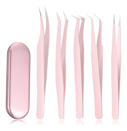 Chumia Set of 5 Eyelash Extension Tweezers with Pink Case 0