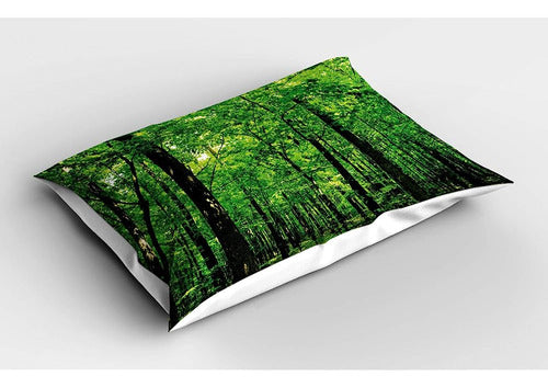 Ambesonne Nature Pillow Sham, Woodland Tree Forest Jungle In 1