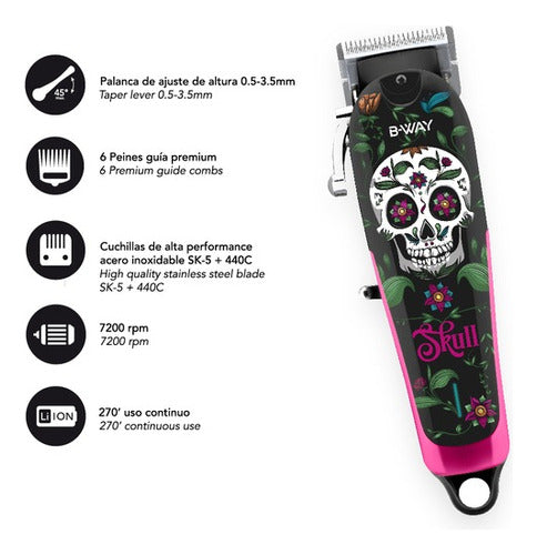 B-Way Skull Hair Clippers Pink and Black 100V/240V 5