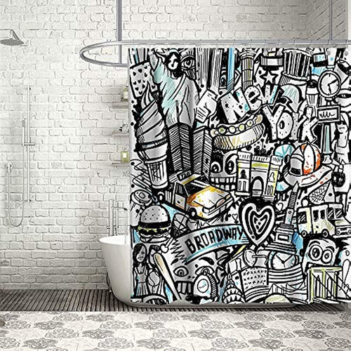 Final Friday Fun Shower Curtains with Graffiti, Cartoon House from New York 0