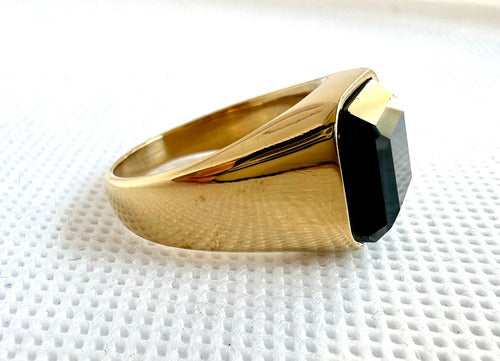 Donna Anillo Hombre Acero Inoxidable Color Dorado Oro Piedra Negra 1