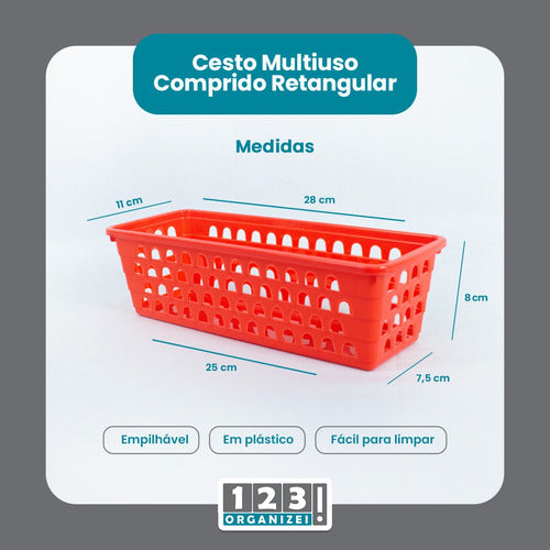 Kit 8 Cestos Multiuso Comprido Retangular Vermelho 28x11x8 3