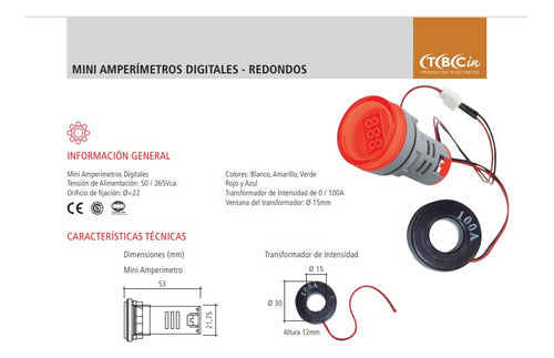 TBCin Mini Amperimetro Digital 22mm Ázul AD22DS-BA 1