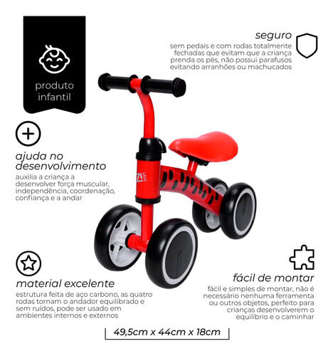 Bicicleta De Equilíbrio Infantil Sem Pedal 4 Rodas Vermelha 1