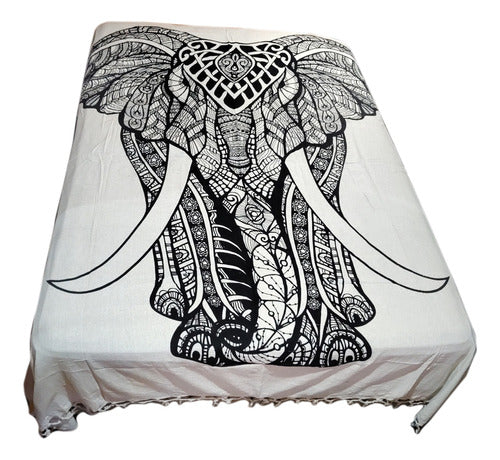 Indian Two-Plaza Bedspread Blanket, Elephants, Mandala 0