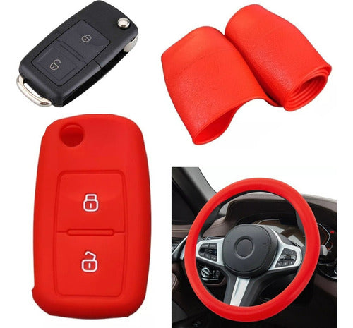 Silicone Steering Wheel Cover + Key Case - Amarok Saveiro - Red 0