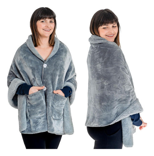 Ezrallora Manta Poncho Doble Capa Sherpa Gris Plata Con Bolsillos 0