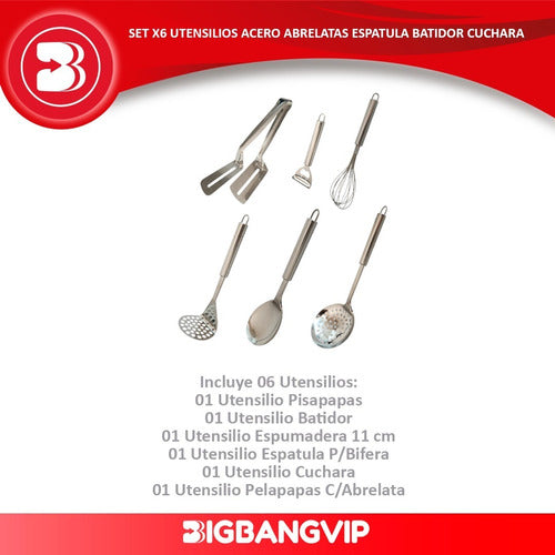 Set X6 Utensilios Acero Abrelatas Espatula Batidor Cuchara 1