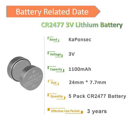 KaPonsec Cr2477 Cr2477h - Pilas De Litio (5 Unidades) 2