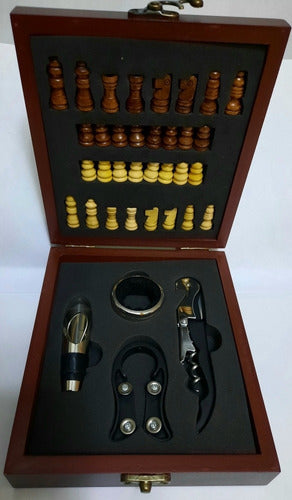 Set De Vino Tablero De Ajedrez Caja Madera Bambú Sacacorchos 2