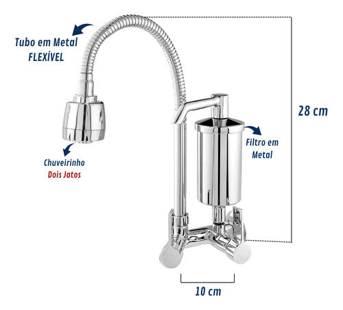 Torneira Com Filtro Metal De Parede Cozinha Duplo Jato 1