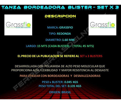 Grassfio Tanza Bordeadora 1.6mm Set X 3 - Blisters 15 Mts - Fdn 2