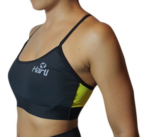 ID328 Women's Hartl Sports Top (Spinning, Aerobic, Fitness) - Black and Fluorescent Green 1