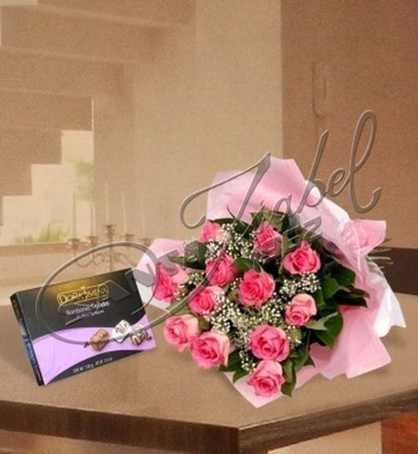 Bouquet of 12 Premium Roses and Chocolate Box 90g - Flower Delivery Service 0