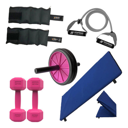 Functional Fitness Training Kit - Mat + 3kg Ankle Weights + 2x 3kg Dumbbells + Band + Ab Roller 26