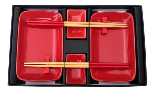 La Vidriera Regalos Set Sushi X 2 + Palillos Rojo Con Platos Dips Porcelana 0