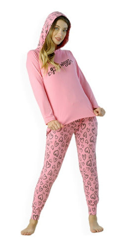 Women's Winter Hooded Pyjama Set with Soft Jacket and Heart Print Pants 5
