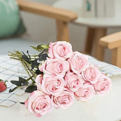 Realistic Silk Artificial Roses 10pcs Light Pink with Long Stems 5