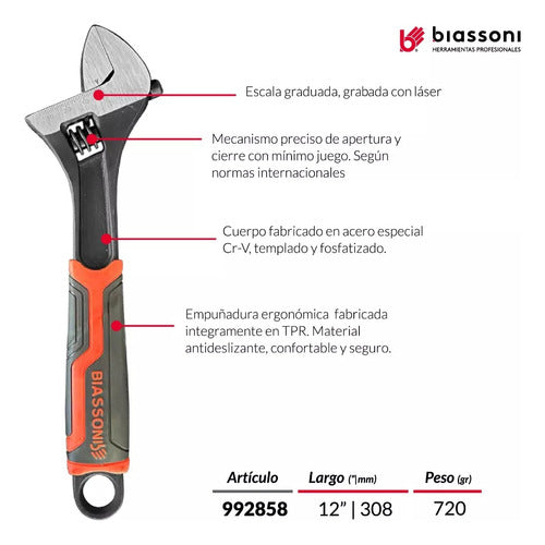 Biassoni 12" Adjustable Wrench with Grip 2