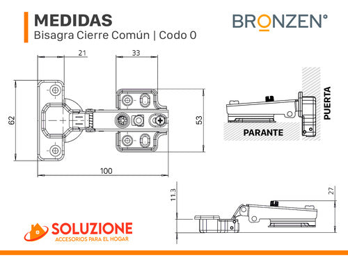 Bronzen Bisagra 35mm Codo 0 Acero Inoxidable Premium X 8 Unidades 1