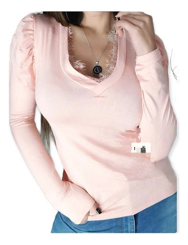 V-Neck Princess Sleeves T-shirt with Lace Detail - Very Sexy 16