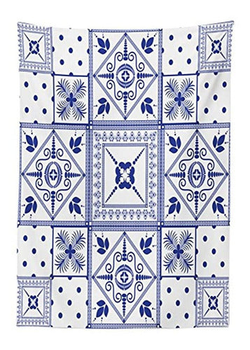 Ambesonne Navy Blue Tablecloth, Oriental Ceramic Patterns 1