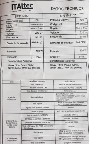 Italtec Bomba Presurizadora SPS15-90Z 100W 2