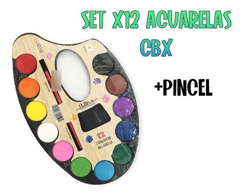 CBX Set Acuarelas 12 Pastillas + Pincel + Paleta + Contenedor 0