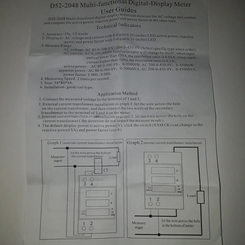 Wattímetro Voltímetro Amperímetro 110v 220v 100a Ac D52-2048 4