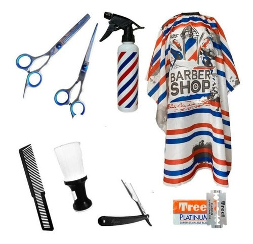 Complete Barber Kit with Razor, Cape, Comb, Sprayer, Scissors & Hair Remover Brush 0