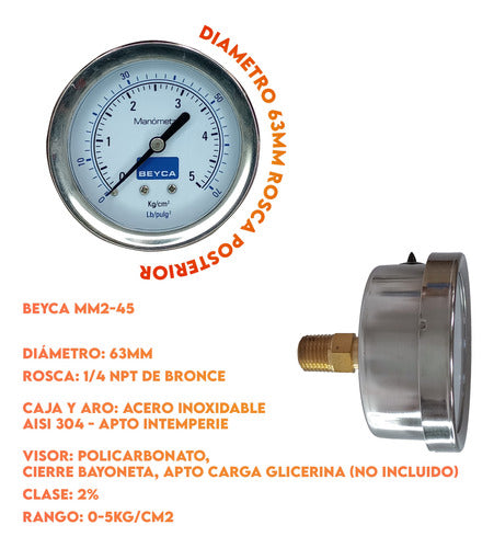 Beyca Manometer A/Inoxidable 5 Kg/cm² Rosca Posterior MM2-45 5 1