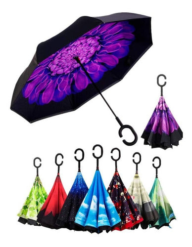 Fashion Deco Set X 2 Inverted Umbrellas Reversible Rain with Designs 0