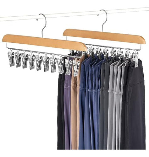 Mkono Leggings Organizer for Closet, Set of 2 Pants Hangers with Space Saving Natural Wood, 20 Rubber-Coated Clips, Multi-Purpose Clothes Storage Organizer for Skirts, Shorts, Jeans 0