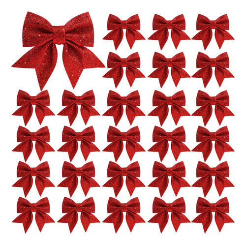 Ndeno 24 Mini Christmas Bow Decorations 5.5 Inches, Red Glitter 0