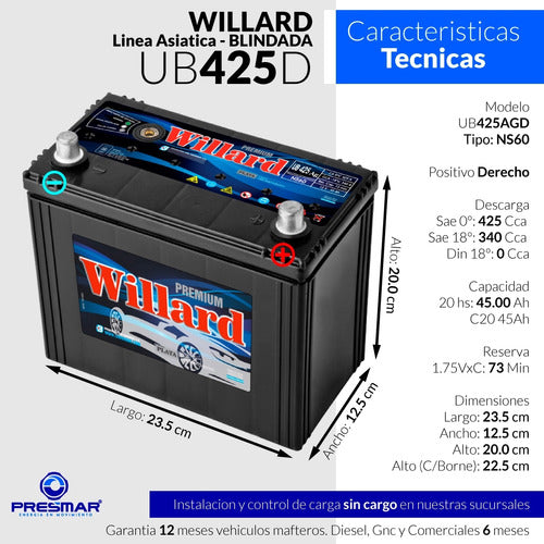 Willard Bateria Auto 12x50 Ub425 12 Volt 50 Amper 4