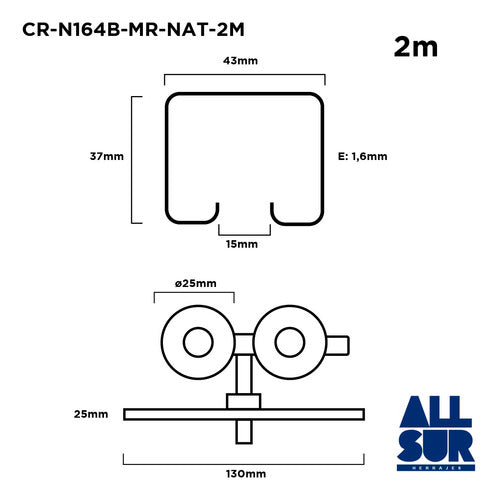 Riel Tipo Roma Nº 164 Hierro 2 Mts + 4 Rueda Goma Bis 25mm 2