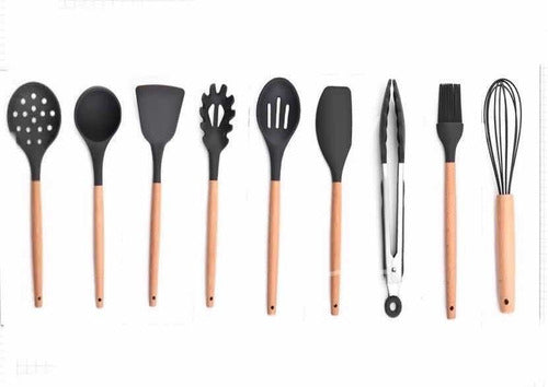 Set of 9 Kitchen Utensils with Wooden Handle and Pink Silicone Tip 1