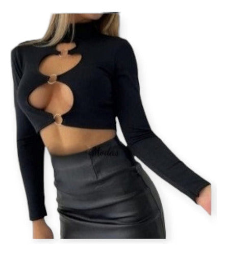 Long Sleeve Top with Revealing Neckline and Rings 14