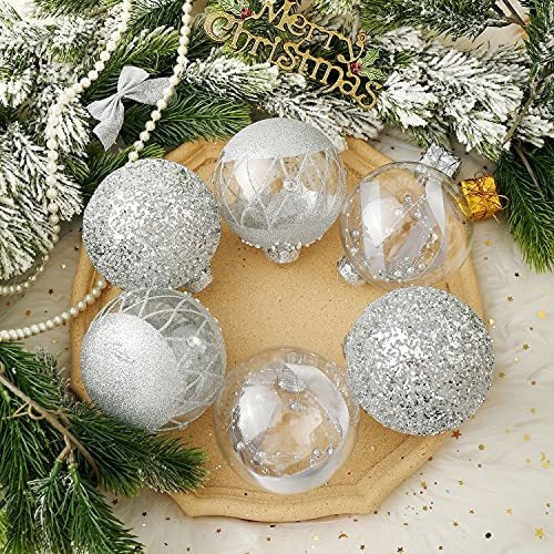 6 Silver Christmas Ball Ornaments Xmasexp - 3 Designs 10cm 2