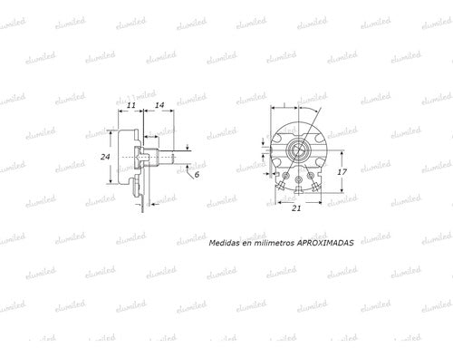 6 Linear Carbon Potentiometers 20k Ohm (B) 24mm Shaft 14mm PCB 3