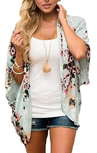 Hibluco Kimono with Fashionable Floral Prints, Shawl Type, L 0