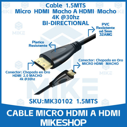 West-MIKE Micro HDMI to HDMI 4K 3D 1.5M Cable for GoPro Raspberry Pi 1